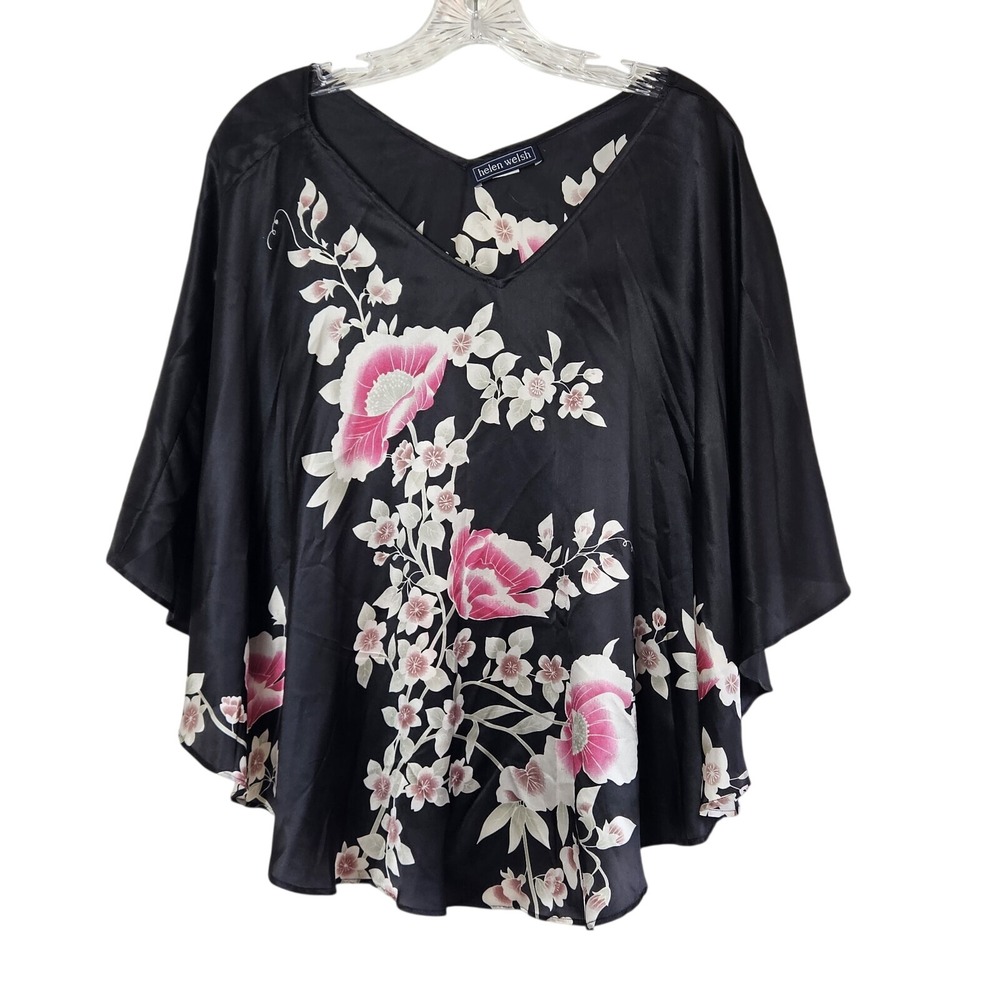 Helen Welsh Womens Black Pink Floral 100% Silk V-Neck Poncho OS Romantic Flowy